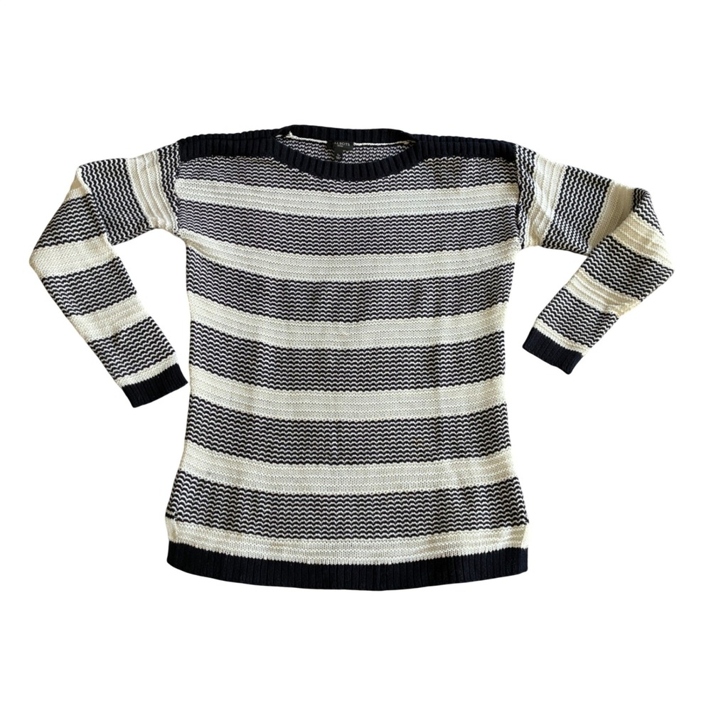 Talbots Striped Sweater Size SP Navy Blue Ivory Fisherman Core Cotton Boat Neck